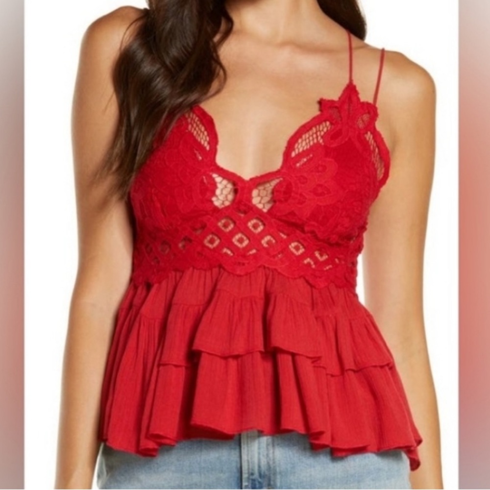 NWT Free People Womens size small cherry red Adella lace cross strap Cami tank